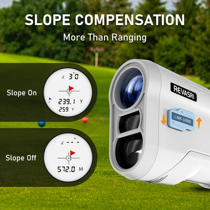 REVASRI Golf Rangefinder with Slope & Pin Lock Vibration - 1000YDS Laser Range Finder, External Slope Switch (Tournament Legal), Rechargeable Battery, Flag Lock, Straight-Line Distance Measurement for Golfers & Beginners