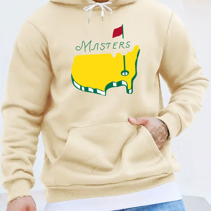 1pc Masters Logo Print Men'S Casual Hoodie, Polyester Knit Fabric with Slight Stretch, Regular Fit Hooded Sweatshirt